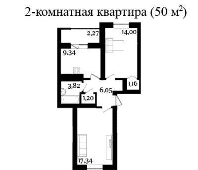 2-комнатная 50 м² в ЖК Молодежный городок от застройщика, с. Крюковщина