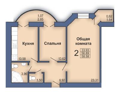 2-комнатная 58.58 м² в ЖК на ул. Бедного, 5 от застройщика, Полтава