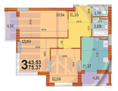 3-кімнатна 75.37 м² в ЖК на вул. Гмирі, 17 від 24 940 грн/м², Київ