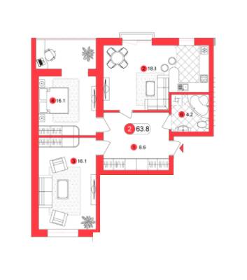 2-комнатная 63.8 м² в ЖК Franko Smart House от застройщика, Ивано-Франковск