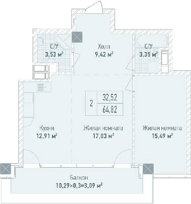 2-кімнатна 64.82 м² в ЖК Бульвар Фонтанів від 68 150 грн/м², Київ