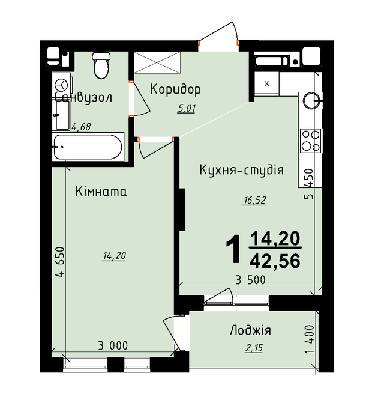 1-комнатная 42.56 м² в ЖК Plus 2 от 19 000 грн/м², Львов