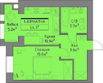 1-комнатная 44.7 м² в ЖД Липинський+ от застройщика, с. Липины