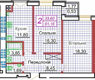 2-комнатная 61.16 м² в ЖК Симейна фортеця. Щастя от застройщика, с. Струмовка