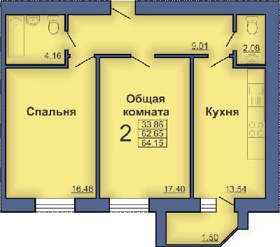 2-кімнатна 64.15 м² в ЖК на вул. Миру, 18В від забудовника, Полтава