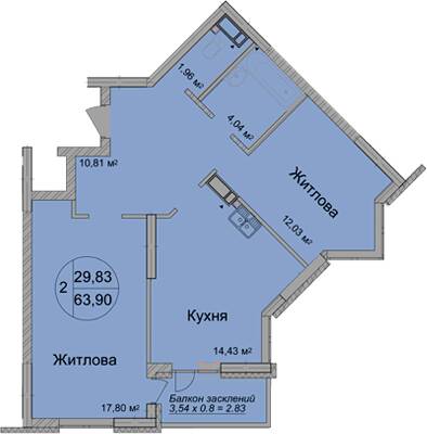 2-комнатная 63.9 м² в ЖК Святобор от 34 850 грн/м², Киев