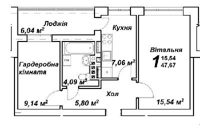 1-комнатная 47.67 м² в ЖК Молодежный городок от 14 500 грн/м², с. Крюковщина