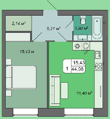 1-комнатная 44.98 м² в ЖК Green's от застройщика, Винница