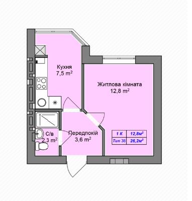 1-комнатная 26.2 м² в ЖК Пражский квартал 2 от застройщика, с. Петропавловская Борщаговка