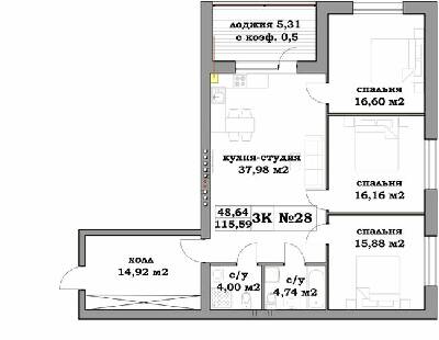 3-кімнатна 115.59 м² в ЖК Клеменова Дача від забудовника, Харків