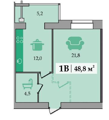 1-комнатная 48.8 м² в ЖК Счастливый от застройщика, Днепр