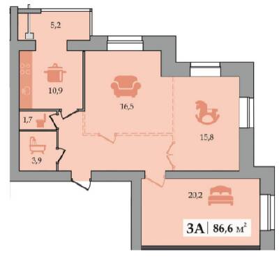 3-комнатная 86.6 м² в ЖК Счастливый от застройщика, Днепр