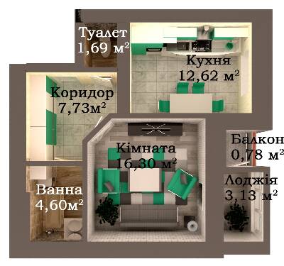 1-комнатная 46.86 м² в ЖК Caramel Residence от 17 800 грн/м², Луцк