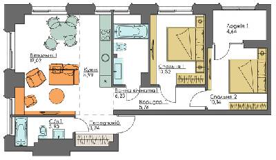 3-комнатная 70.44 м² в ЖК Resident Concept House от 69 600 грн/м², Киев