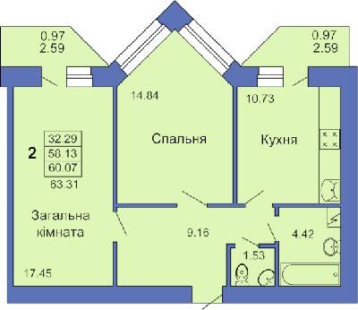 2-кімнатна 63.31 м² в ЖК на пл. Павленківська, 3В від 24 000 грн/м², Полтава