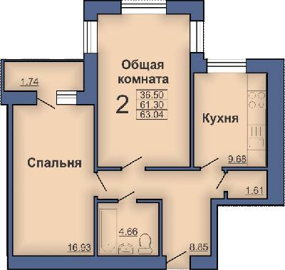 2-кімнатна 63.04 м² в ЖК на вул. Миру, 18В від забудовника, Полтава