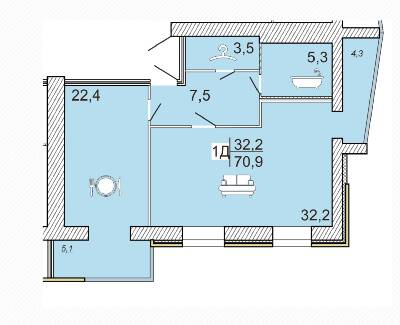 1-кімнатна 70.9 м² в ЖК Сімейний Lux від 16 000 грн/м², Черкаси
