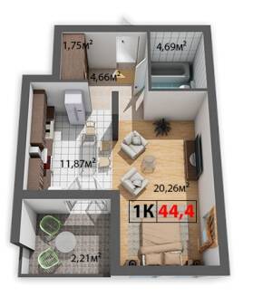 1-комнатная 44.4 м² в ЖК Квартал Краковский от 11 000 грн/м², с. Волчинец
