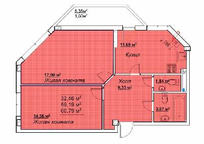 2-комнатная 60.79 м² в ЖК Мариинский от застройщика, пгт Великодолинское