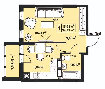 1-кімнатна 34.53 м² в ЖК Андріївський від 14 800 грн/м², м. Прилуки