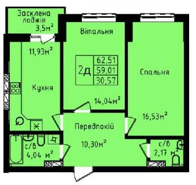 2-комнатная 62.51 м² в ЖК Днепровский от 29 700 грн/м², Киев