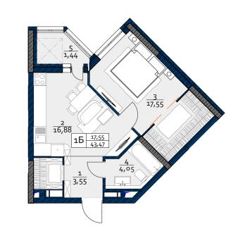 1-кімнатна 43.47 м² в ЖК POLARIS Home&Plaza від 39 928 грн/м², Київ