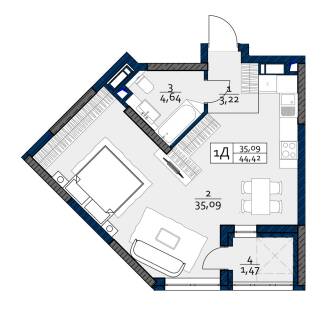 1-комнатная 44.42 м² в ЖК POLARIS Home&Plaza от 24 083 грн/м², Киев