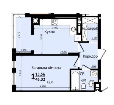 1-кімнатна 43.02 м² в ЖК Plus 2 від 25 000 грн/м², Львів