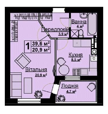 1-комнатная 39.6 м² в ЖК Vlasna от 23 000 грн/м², с. Ходосовка