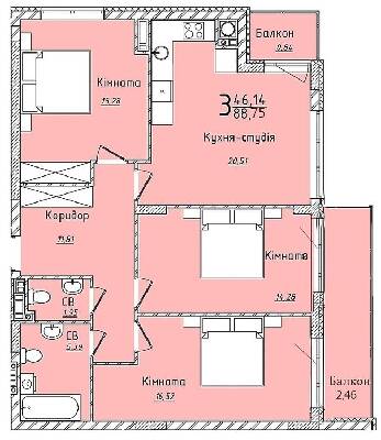 3-комнатная 88.75 м² в ЖК Континент от 23 000 грн/м², с. Сокольники