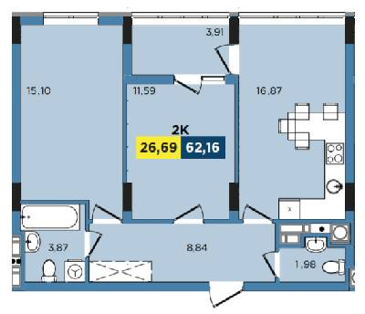 2-комнатная 62.16 м² в ЖК Washington City от 20 700 грн/м², Львов