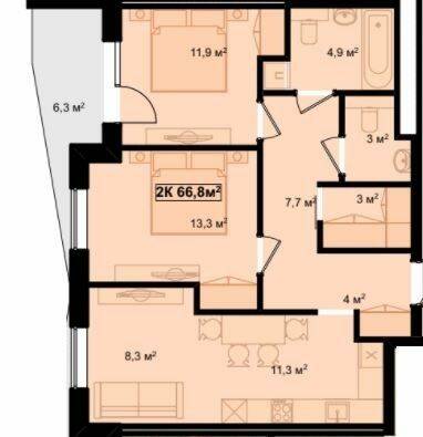 2-комнатная 66.8 м² в ЖК Рубин Апартамент от 11 900 грн/м², г. Коломыя