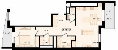 2-кімнатна 70.5 м² в ЖК Рубін Апартамент від 11 900 грн/м², м. Коломия