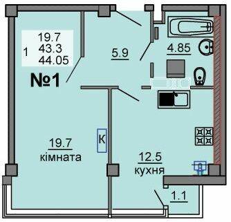 1-кімнатна 44.05 м² в ЖК River House від 17 500 грн/м², Луцьк