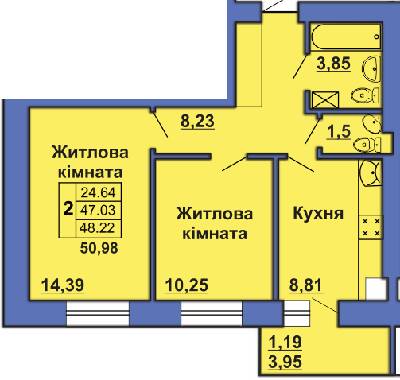 2-кімнатна 50.98 м² в ЖК на вул. Великотирнівська, 4А від 17 500 грн/м², Полтава