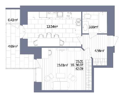 1-кімнатна 42.09 м² в ЖК Oliva від 19 000 грн/м², м. Горишні Плавні
