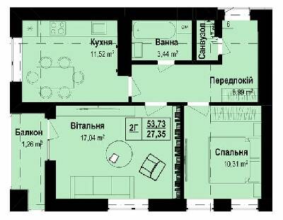 2-кімнатна 53.73 м² в ЖК Vlasna від 23 000 грн/м², с. Ходосівка