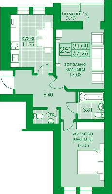2-комнатная 57.26 м² в ЖК Киевский от 16 850 грн/м², г. Буча