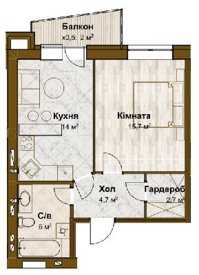1-комнатная 45.1 м² в ЖК Традиция от 15 100 грн/м², с. Змиенец