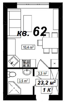 1-комнатная 23.2 м² в ЖК Амстердам от 14 900 грн/м², с. Белогородка