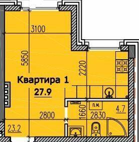 1-комнатная 27.9 м² в КД Классик Холл от 39 150 грн/м², Днепр