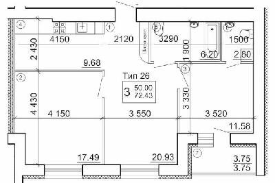 3-комнатная 72.43 м² в Мкрн Академический от 15 800 грн/м², Винница