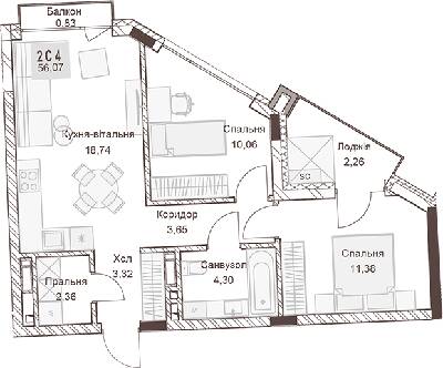 2-кімнатна 56.07 м² в ЖК Pokrovsky Apart Complex від 31 550 грн/м², Рівне