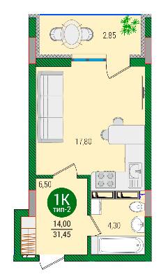 1-комнатная 31.42 м² в ЖК Q-smart от 22 990 грн/м², Киев
