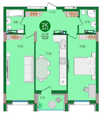2-кімнатна 76.4 м² в ЖК Q-smart від 24 250 грн/м², Київ