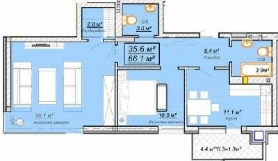 2-комнатная 66.1 м² в ЖК Grand Village от 20 500 грн/м², с. Сокольники