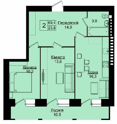 2-кімнатна 69.4 м² в ЖК Затишний дім від 15 000 грн/м², Тернопіль