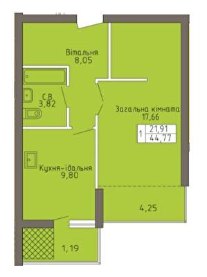 1-кімнатна 44.77 м² в ЖК Магнолія від 19 000 грн/м², Хмельницький