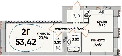 2-комнатная 53.42 м² в ЖК Continent Ray от 19 600 грн/м², г. Буча