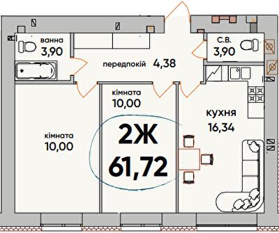 2-комнатная 61.72 м² в ЖК Continent Ray от 19 600 грн/м², г. Буча